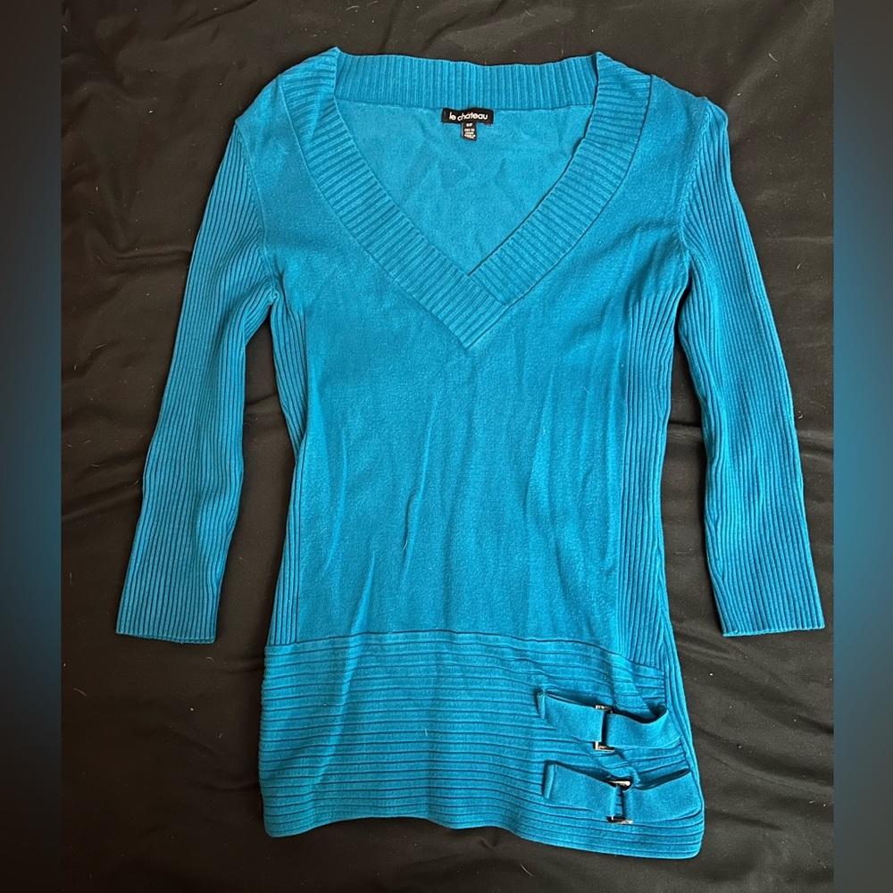 Aqua sweater from Le Chateau